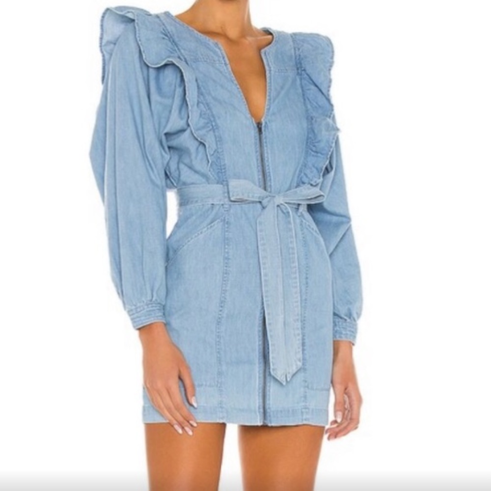 Free People Light Blue Denim Ruffle-Shoulder Mini Dress